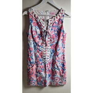 Lilly Pulitzer Size 4 Florida Floral Shift Mini Dress White Lace Design Pockets